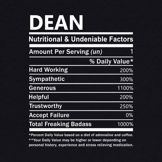 Dean Name T Shirt - Dean Nutritional and Undeniable Name Factors Gift Item Tee by nikitak4um